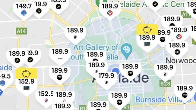 Petrol prices spiked back to 189.9c/L in Adelaide on Friday, ahead of the long weekend. Picture: RAA app on Friday about 6am.