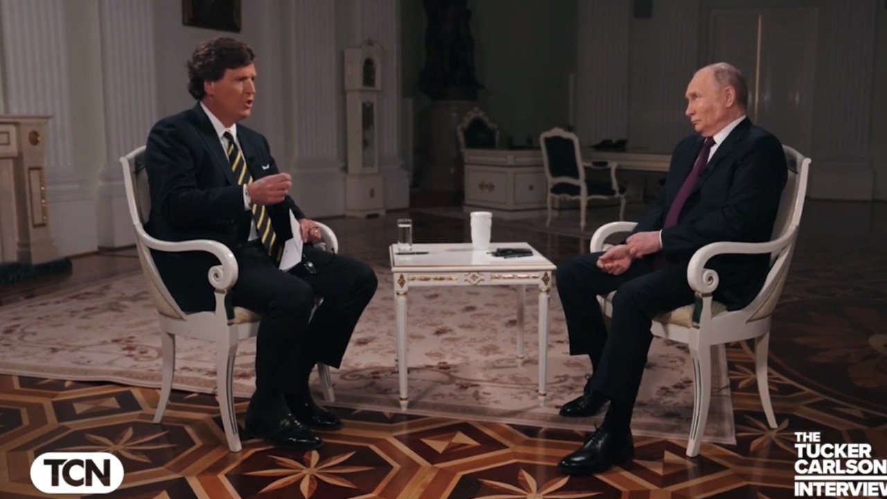 Tucker Carlson and Russian President Vladimir Putin. Picture: Tucker Nelson Network