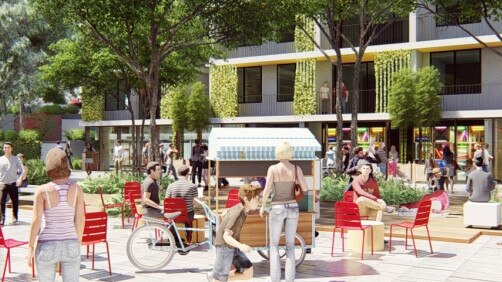 An artist's impression of the proposed Belrose Village Square development with 49 apartments above shops and cafes around a central plaza. Picture: Supplied