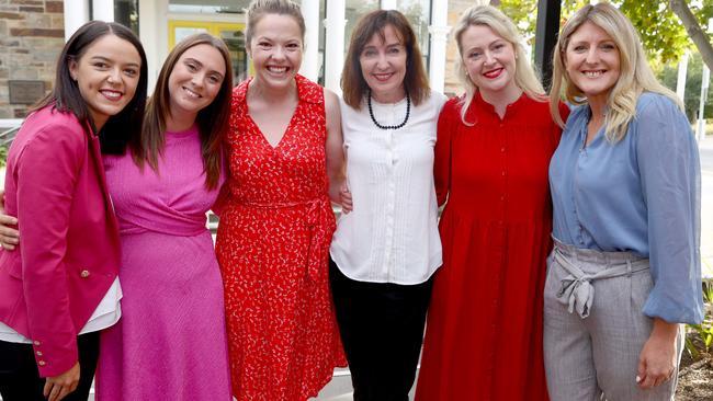 Dr Close (centre) with winning Labor candidates (L-R) Olivia Savvas, Rhiannon Pearce, Nadia Clancy, Lucy Hood and Erin Thompson. Picture: NCA NewsWire / Kelly Barnes