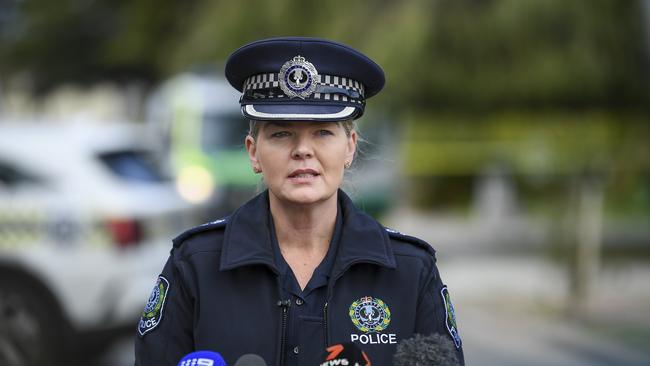 Inspector Christie Matthews speaks to media at the scene. Picture: Mark Brake