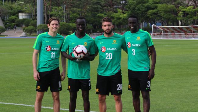 SA Socceroos Craig Goodwin, Awer Mabil, Brandon Borrello and Thomas Deng. Picture: Michael Puterflam / FFA