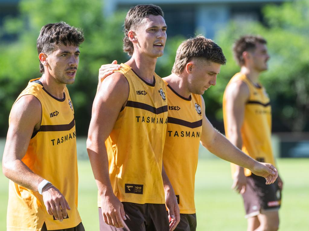 Connor Macdonald (centre) is tipped to break out in 2025 after an impressive campaign last year. Massimo D’Ambrosio (left) enjoyed a strong first season at the club in 2024, while Dylan Moore (right) is an All Australian . Picture: Tony Gough