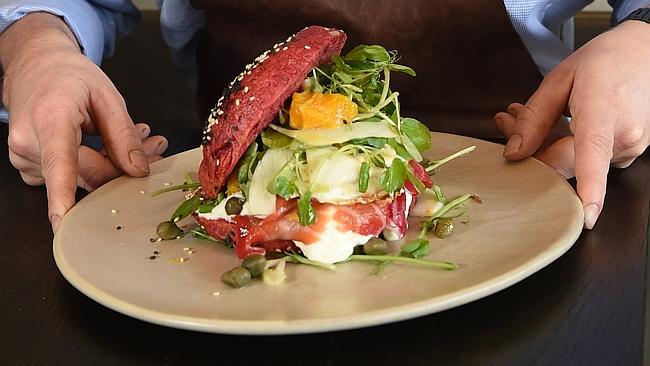 Pink beetroot bagel at Penta. Picture: Chris Eastman