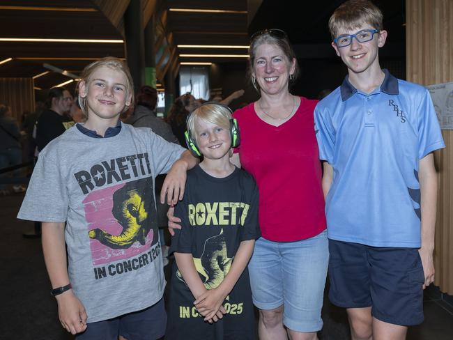 Roxette in Concert 2025 - Jade 11, Simmy 9 and Thomas 13 Feig with mum Megan Waugh at MyState Bank Arena. Picture: Caroline Tan