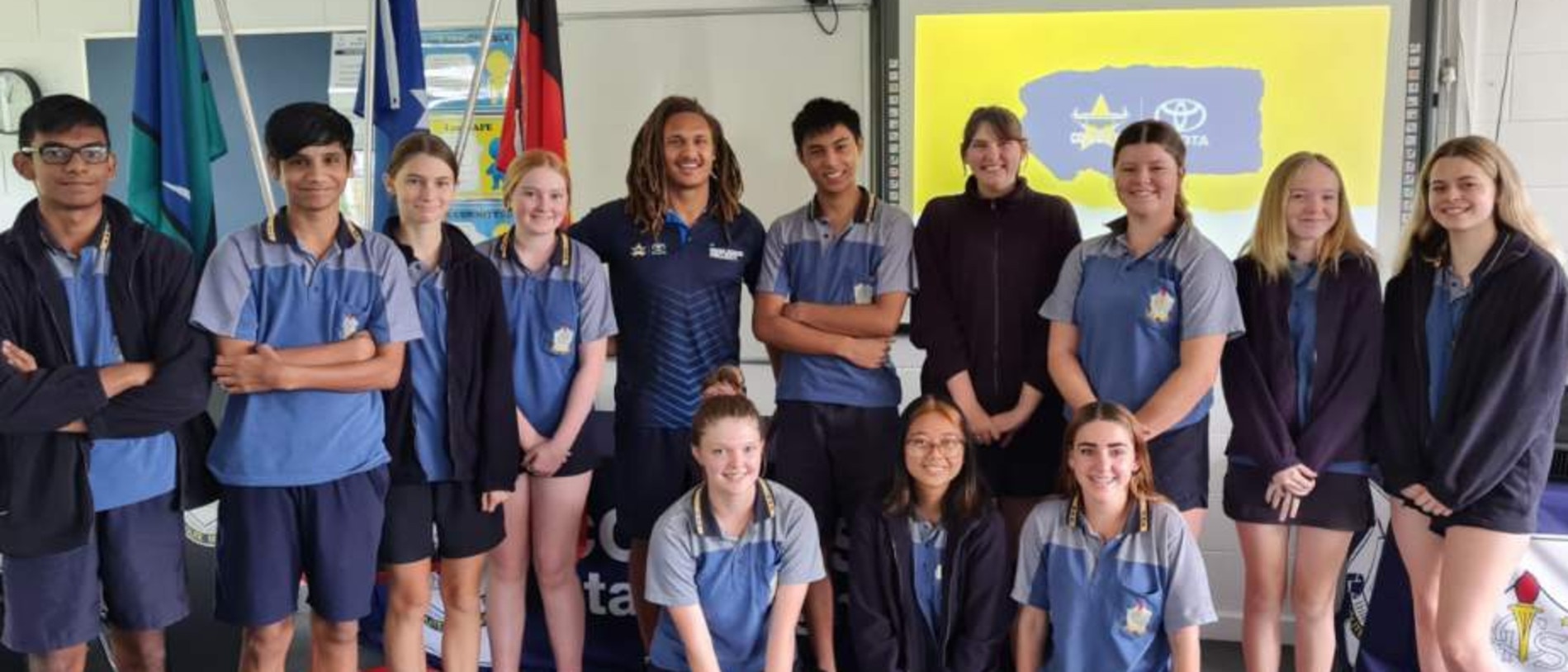 Collinsville State School, Scottville State School, St John Bosco Catholic School, and Collinsville State High School students enjoyed meeting former North Queensland Cowboys player Ray Thompson when he came to town last week. Picture: Supplied.