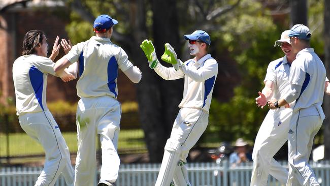 Sandgate Redcliffe celebrate a wicket First grade cricket between University and Sandgate Redcliffe. Saturday October 16, 2021. Picture John Gass