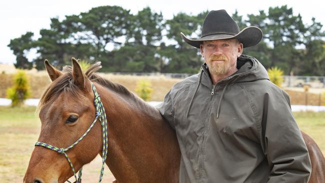 Orin James competed in the Australian Brumby Challenge, where he was randomly assigned a brumby to train over 120 days. His brumby Courage was the sole survivor of the Mt Kosciuszko fires. Orin and his wife Hayley now own that horse. Picture: Zoe Phillips