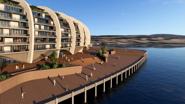 Concept drawings of a Macquarie Point Stadium which includes an outer shell of apartments, proposed by the Stadia Precinct Consortia. Picture: SolutionsWon