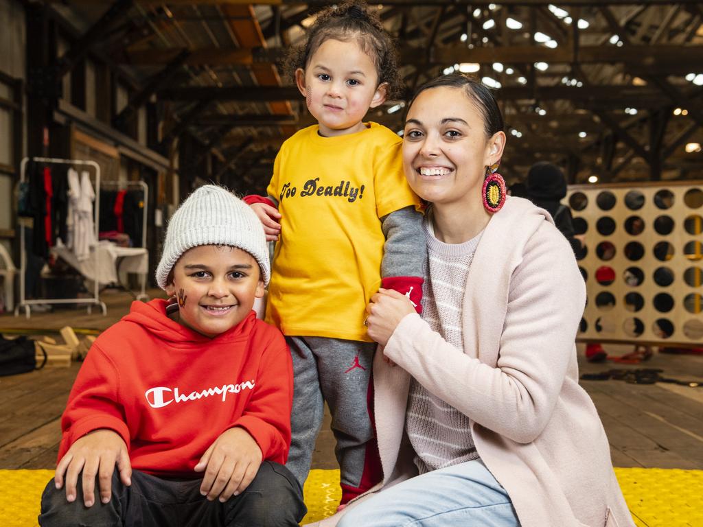 Saxon and Isla-Grace Bartlett with mum Tia McKenna at the Toowoomba NAIDOC Week celebrations at The Goods Shed, Monday, July 4, 2022. Picture: Kevin Farmer