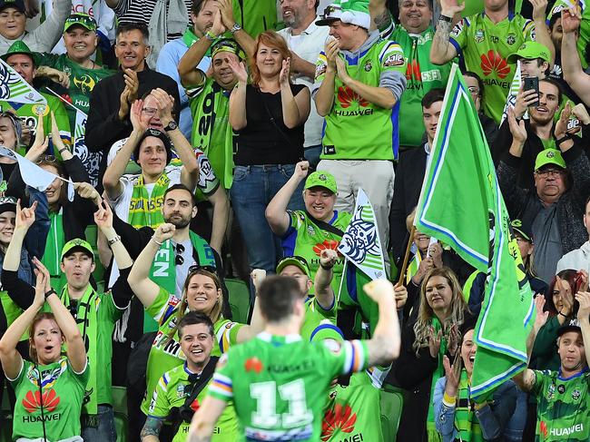 MELBOURNE, AUSTRALIA - SEPTEMBER 14: John Bateman of the Raiders waves to the Raiders fans during the NRL Qualifying Final match between the Melbourne Storm and the Canberra Raiders at AAMI Park on September 14, 2019 in Melbourne, Australia. (Photo by Quinn Rooney/Getty Images)