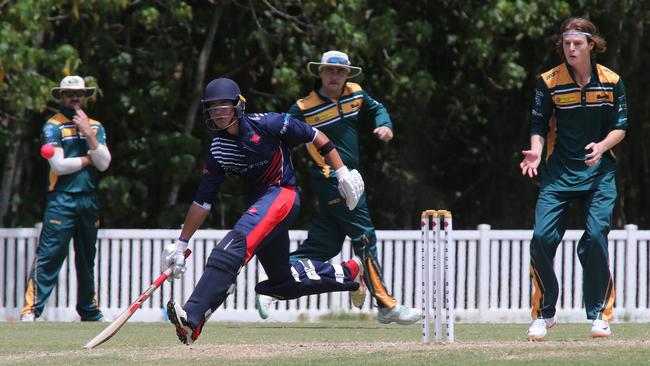 Second Grade Cricket: Mudgeeraba Nerang Districts vHelensvale at Corbwood No.2 Mudgeeraba batsman; James Crews Helensvale Fielder; Pic Mike Batterham