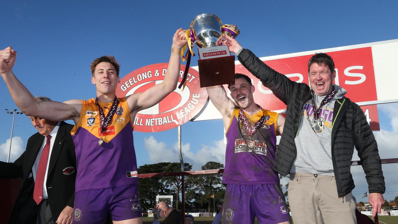 Thomson captains Sam Jacka and Travis Maguire with coach Paul Lynch. Picture: Mark Wilson