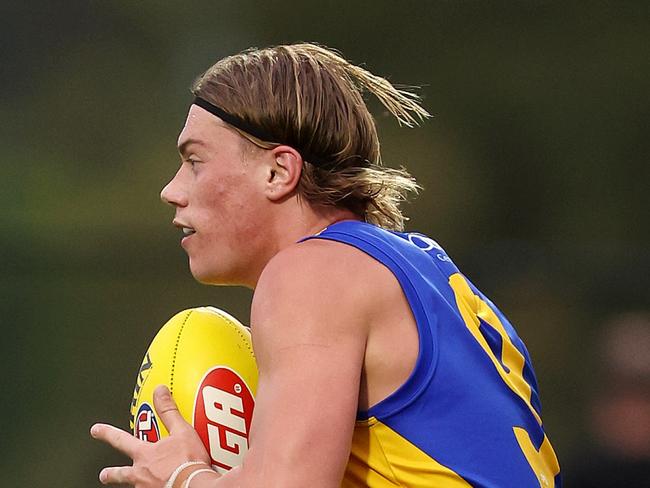 PERTH, AUSTRALIA - FEBRUARY 24: Harley Reid of the Eagles in action during an AFL practice match between West Coast Eagles and Fremantle Dockers at Mineral Resources Park on February 24, 2024 in Perth, Australia. (Photo by Will Russell/Getty Images)