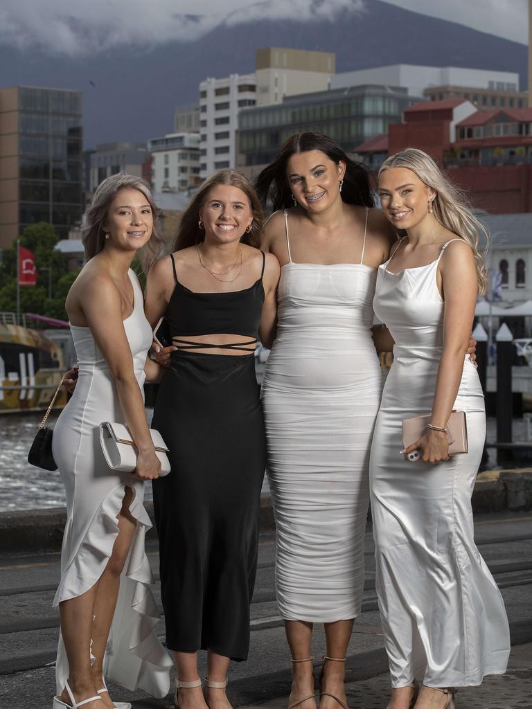 Hobart College leavers Dinner 2021 at the Hobart Function and Conference Centre, Hayley Kluga, Holly West, Chloe Slyp and Sarah Field- Westlake. Picture: Chris Kidd