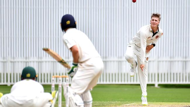Redlands bowler Jackson Sinfield Cricket action between UQ v Redlands Saturday December 17, 2022. Picture: John Gass