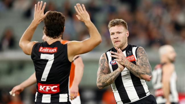 Jordan De Goey (right) was instrumental in Collingwood’s big win. Picture: Michael Willson/AFL Photos via Getty Images