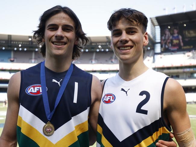 MELBOURNE, AUSTRALIA - SEPTEMBER 30: Ben Camporeale of Team Naitanui and Lucas Camporeale of Team Selwood pose for a photograph after the AFL Futures match between Team Selwood v Team Naitanui at Melbourne Cricket Ground, on September 30, 2023, in Melbourne, Australia. (Photo by Daniel Pockett/AFL Photos/via Getty Images)