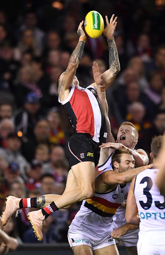 Matt Parker takes to the skies with one of three hangers he took against Adelaide. Picture: Quinn Rooney/Getty Images.