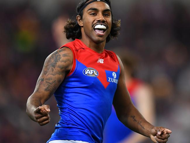 BRISBANE, AUSTRALIA - AUGUST 19: Kysaiah Pickett of the Demons celebrates kicking a goal during the round 23 AFL match between the Brisbane Lions and the Melbourne Demons at The Gabba on August 19, 2022 in Brisbane, Australia. (Photo by Albert Perez/AFL Photos via Getty Images)
