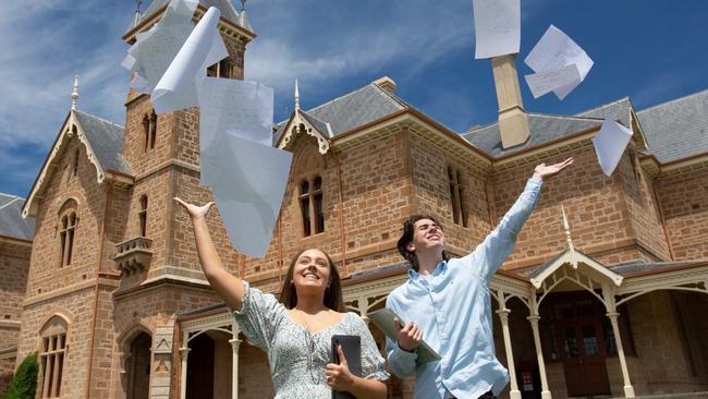 Scotch College Year 12 students Emma Lucas (17) and Riley Klose (18) will receive their final results on Monday. Picture: Brett Hartwig