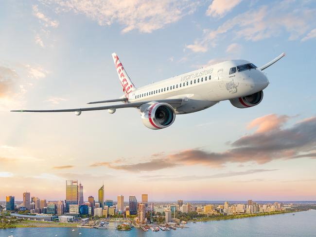 Embargoed till 8am TUES Aug 13. Virgin Australia is ordering new Embraer E190-E2 aircraft to replace ageing Fokker 100s on charter and regional flights in WA. Picture: Supplied.