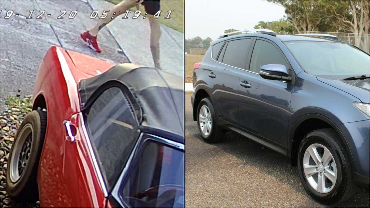 THIEF: Queensland Police are looking for a man who stole a car from a woman's home this morning. Pictured is a generic blue Toyota RAV4 and a CCTV image of the man with distinctive leg tattoos. . Picture: Contributed