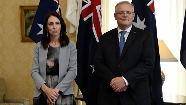 New Zealand Prime Minister Jacinda Ardern and Australian Prime Minister Scott Morrison are seen during the signing of the Indigenous Collaboration Arrangement at Admiralty House in Sydney last Friday.