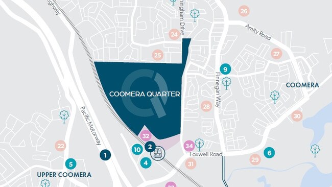 Map of Coomera Quarter, a 161ha site on the Gold Coast which has been bought by developer Bob Ell and LEDA Group. Picture: Supplied by LEDA.