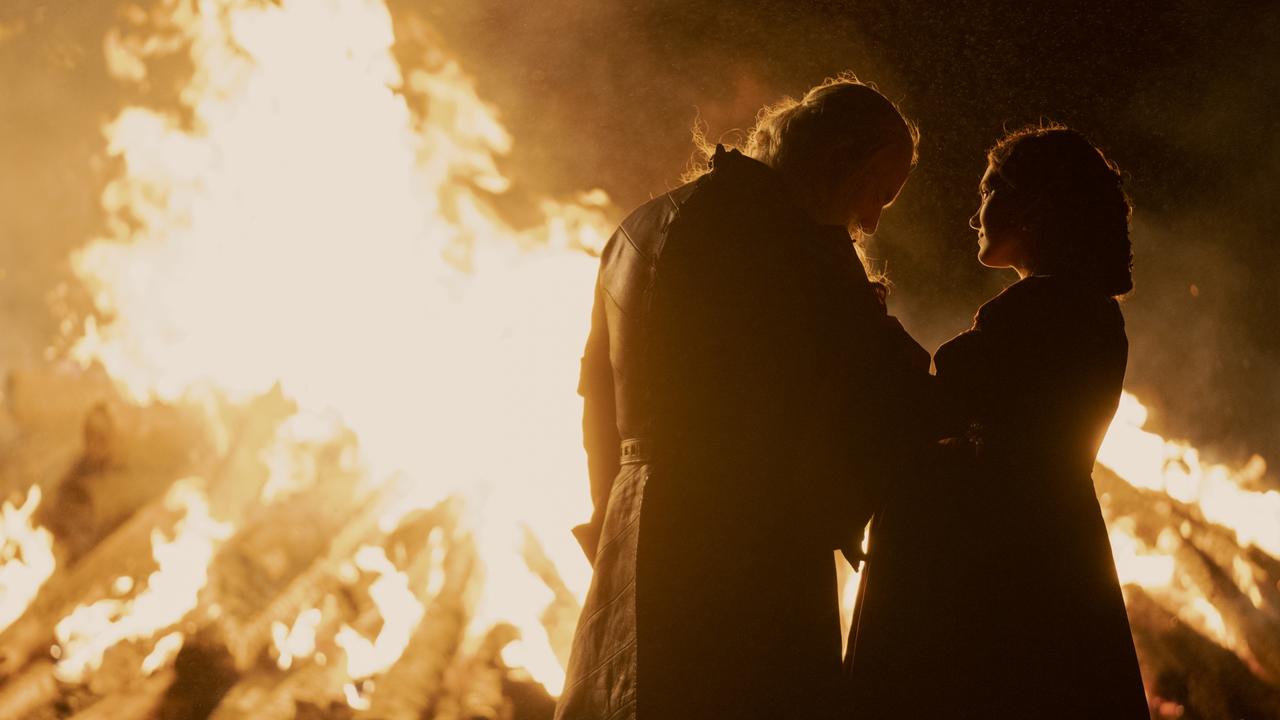 Viserys in front of the fire, with Alicent. Picture: Foxtel/Binge/HBO