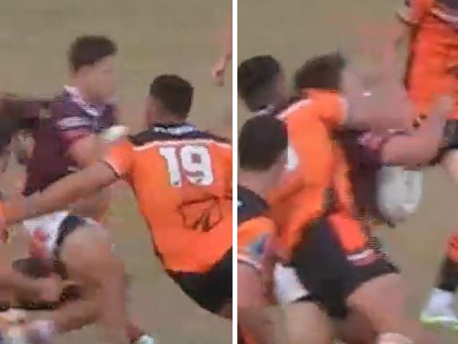 Frame-by-frame of the high shot that caused Carne Doyle-Manga to be sent off against Burleigh. Pictures: BarTV Sports.