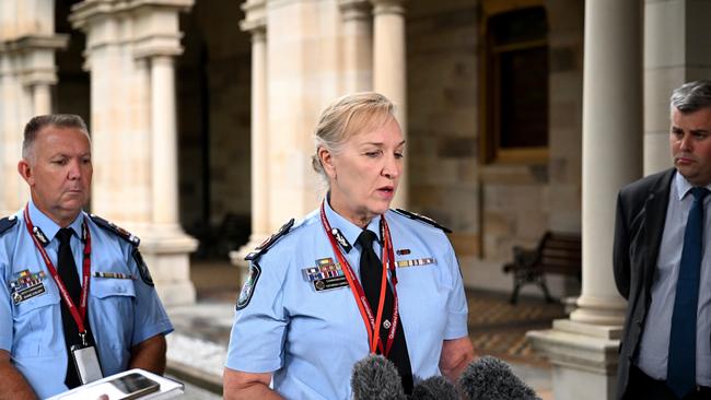 Queensland Police Minister Mark Ryan (right) Commissioner Katarina Carroll and Deputy Commissioner Shane Chelepy. Picture: Dan Peled / NCA NewsWire