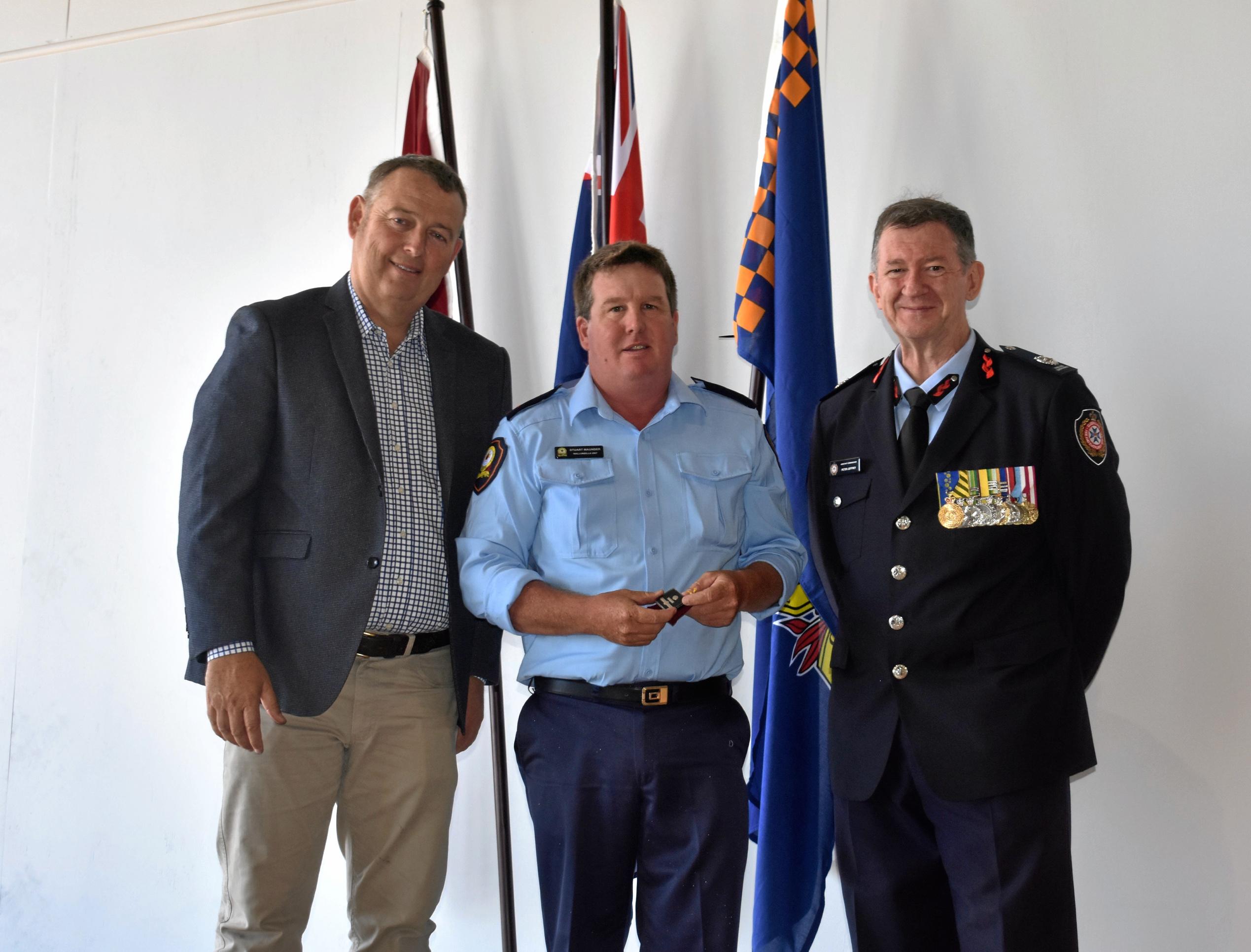 Tyson Golder, Stuart Mander of the Wallumbilla SES, and Rob Bundy. Picture: Jorja McDonnell