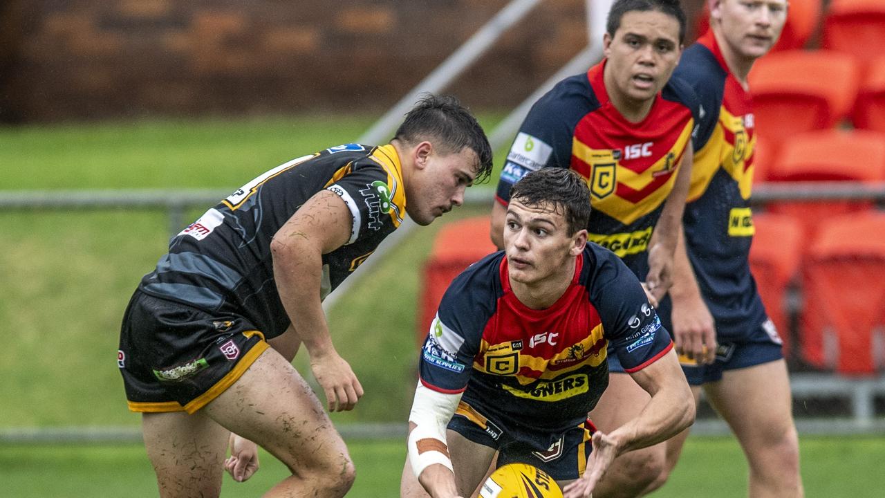 NEW LOOK: Brandon Clarke fires off a pass for the Western Mustangs. The Mustangs have rebranded as the Western Clydesdales as they work toward a 2023 Intrust Super Cup return. Picture: Nev Madsen.