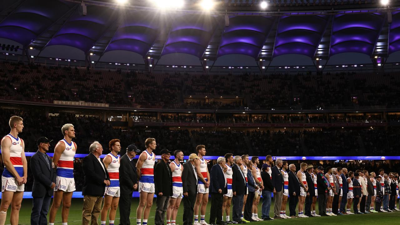 The Bulldogs and war veterans line up for a pre-game ANZAC ceremony on April 21. (Photo by Paul Kane/Getty Images)