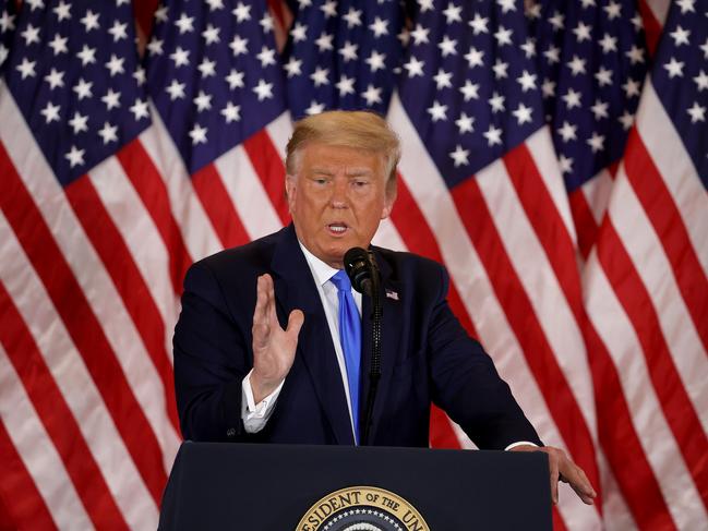 WASHINGTON, DC - NOVEMBER 04: U.S. President Donald Trump speaks on election night in the East Room of the White House in the early morning hours of November 04, 2020 in Washington, DC. Trump spoke shortly after 2am with the presidential race against Democratic presidential nominee Joe Biden still too close to call. (Photo by Chip Somodevilla/Getty Images)