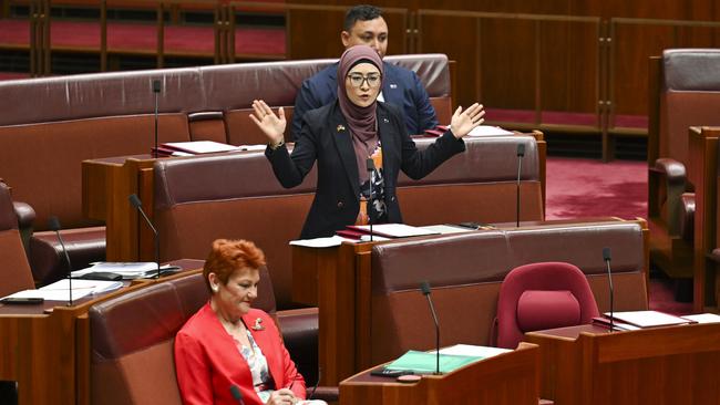 Senator Pauline Hanson and Senator Fatima Payman in the Senate on Wednesday. Picture: NewsWire / Martin Ollman