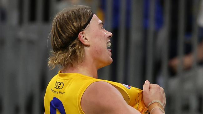 PERTH, AUSTRALIA - MAY 19: Harley Reid of the Eagles celebrates after scoring a goal during the 2024 AFL Round 10 match between Waalitj Marawar (West Coast Eagles) and Narrm (Melbourne Demons) at Optus Stadium on May 19, 2024 in Perth, Australia. (Photo by Will Russell/AFL Photos via Getty Images)