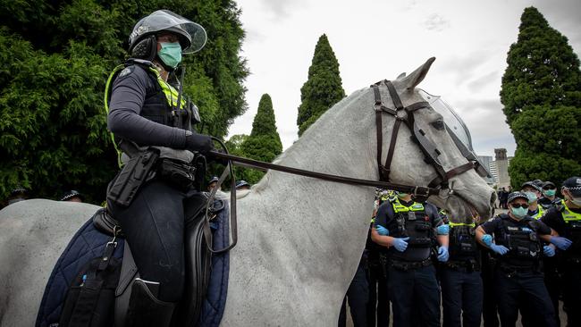 The mounted branch has attended many anti-lockdown protests in Melbourne. Picture: Getty