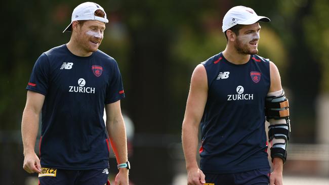 Angus Brayshaw (right) sporting an elbow brace at training. Picture: Getty Images