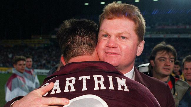 Qld State of Origin coach Paul "Fatty" Vautin congratulates Wayne Bartrim after win in third 1995 State of Origin match - the famous “Fatty’s No Names’’ series.