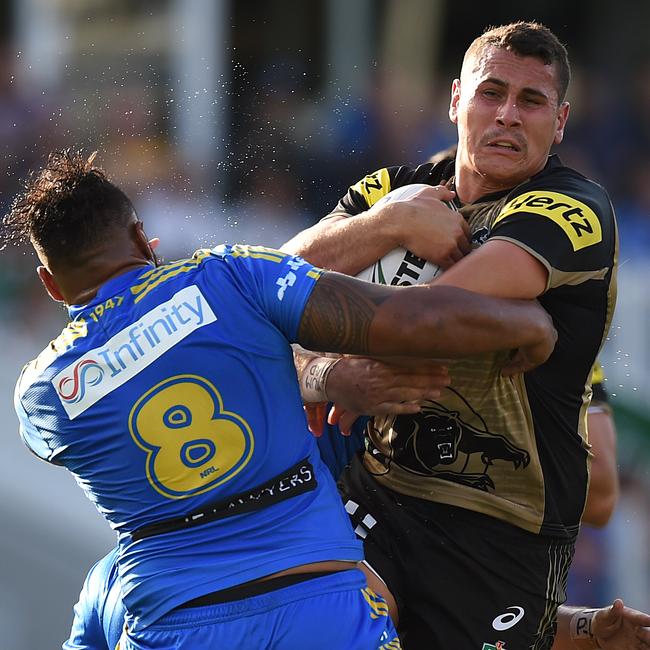 Campbell-Gillard clashing with Paulo when he was a Panther. Picture: AAP Image/Dan Himbrechts