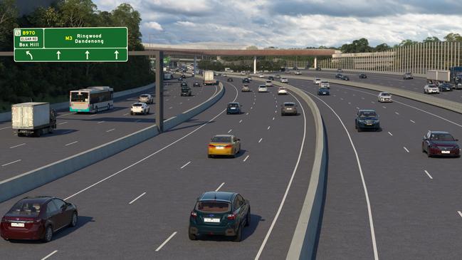 An artist’s impressions of the North East Link, which will carry up to 135,000 vehicles a day. Picture: State Government.