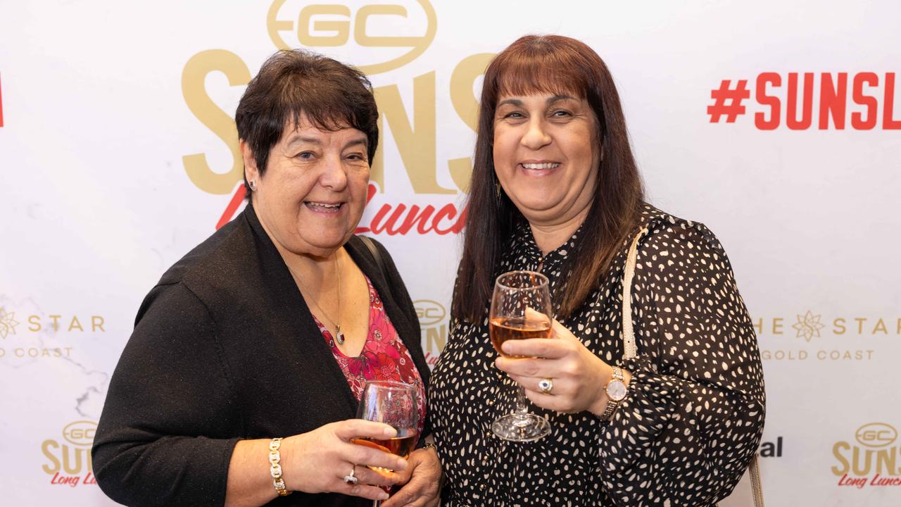 Filomena Covina and Cristina Heaton at the Gold Coast Suns Long Lunch at The Star Gold Coast. Picture: Celeste Humphrey (The Pulse with Portia Large).