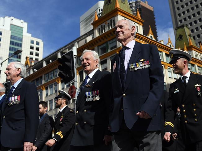 Ex-servicemen take part in the Anzac Day March in Sydney. Picture: AAP