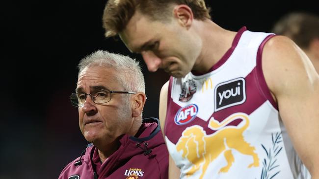 CANBERRA, AUSTRALIA - APRIL 25: Chris Fagan, Senior Coach of the Lions walk from the field after defeat during the round seven AFL match between Greater Western Sydney Giants and Brisbane Lions at Manuka Oval, on April 25, 2024, in Canberra, Australia. (Photo by Mark Metcalfe/AFL Photos/via Getty Images )