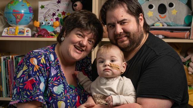 Simantha and Warwick Nation with son Atticus who was born with chronic lung disease. Picture: Brad Fleet