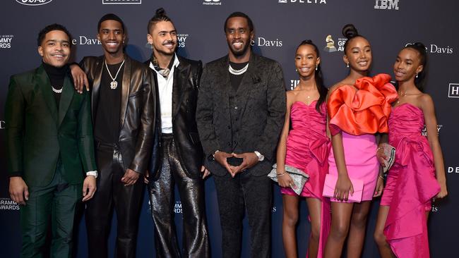 Diddy with his six older kids (from left to right) Justin, Christian, Quincy, D’Lila, Chance and Jessie James at a pre-Grammy gala in LA in his honour in 2020. Picture: Gregg DeGuire/Getty Images