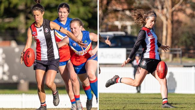 (L-R) Zoe Skyrianos and Bronte Carlin kicking on for Ainslie. Picture: Ainslie Tricolours