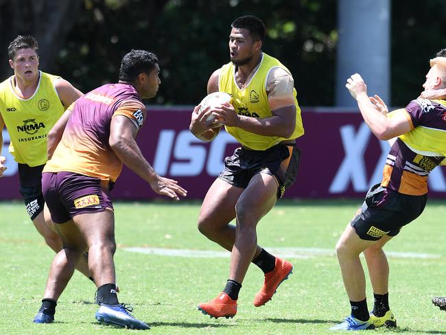 Brisbane Broncos rookie Payne Haas (centre) has been working hard during pre-season training with the Broncos. Picture: AAP Image